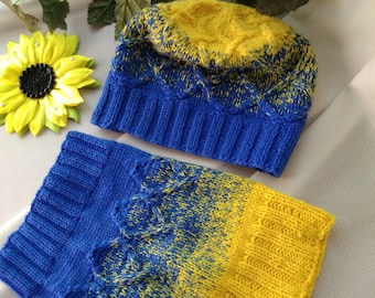 Chapeau bleu et jaune et écharpe Infinity Fait à la main d’Ukraine Laine mérinos tricotée capot et bonnet Set en Ukraine Drapeau Solidarité avec l’Ukraine