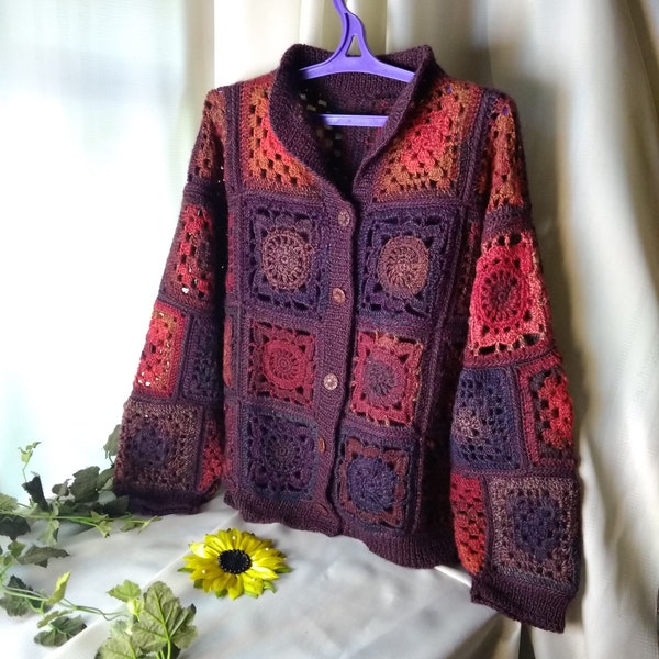 Colorful button-down cardigan Granny Square Crochet jacket Colorblock oversized sweater Long sleeve Chunky Patchwork intarsia bulky coat