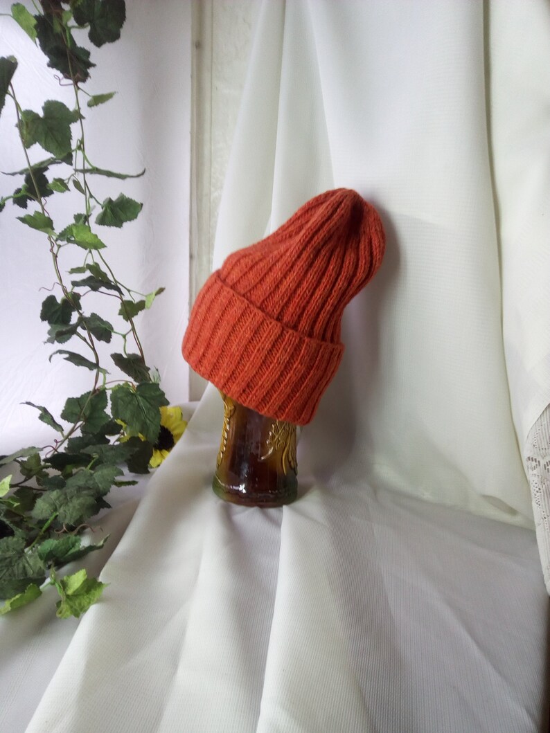 May include: An orange ribbed knit beanie hat. The hat is displayed on a decorative glass bottle against a white fabric backdrop. Green vines and a sunflower are visible in the background. The hat is a warm, earthy tone.