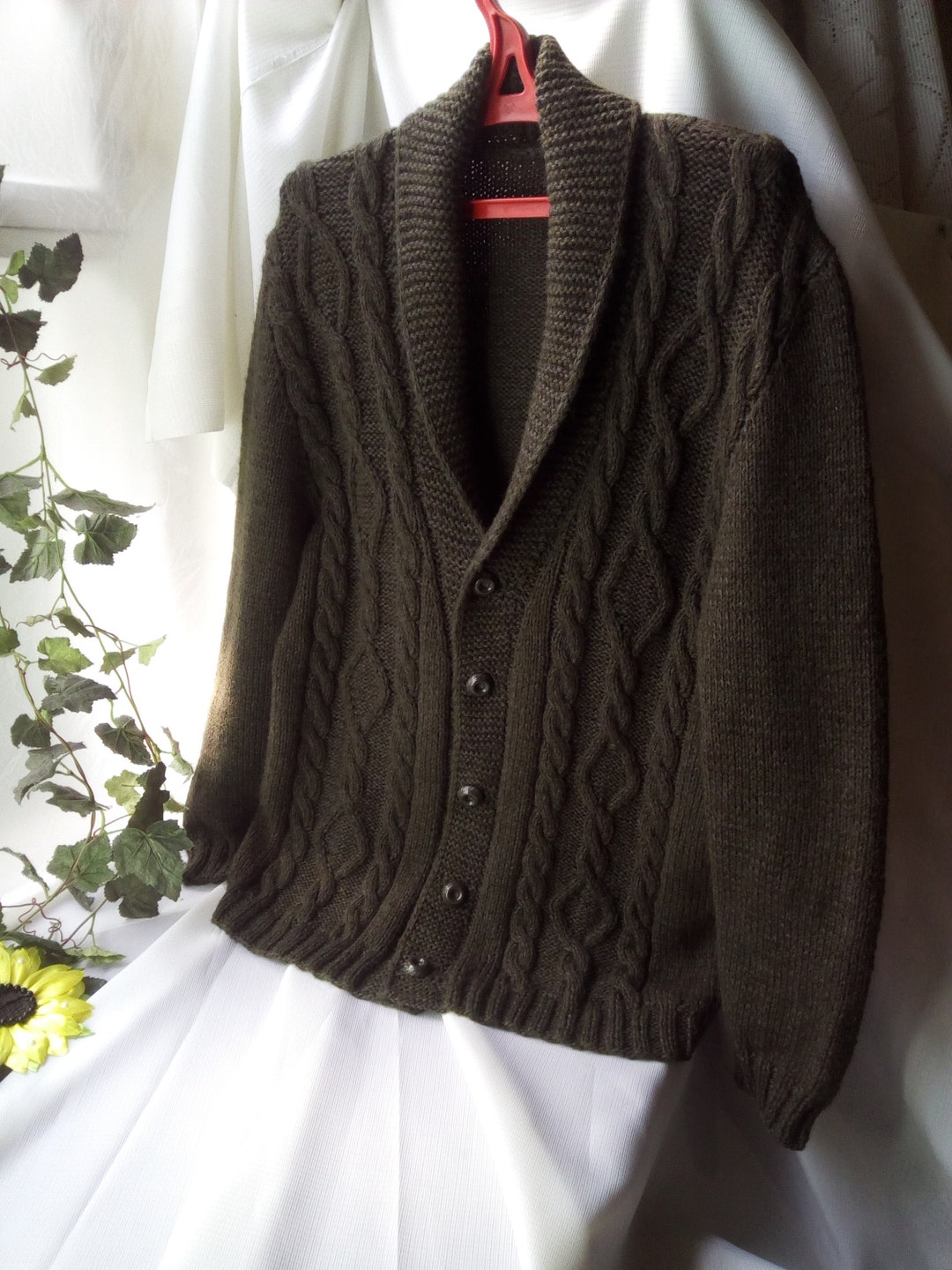 Hand Knitted Mens Shawl Neck Cardigan Long Sleeve Vneck Jacket Aran