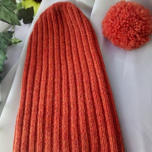 May include: An orange ribbed knit beanie with a matching pom-pom. The hat is a vibrant shade of orange and has a vertical ribbed pattern. The pom-pom is a fluffy ball of the same orange yarn. The hat and pom-pom are displayed on a white surface.