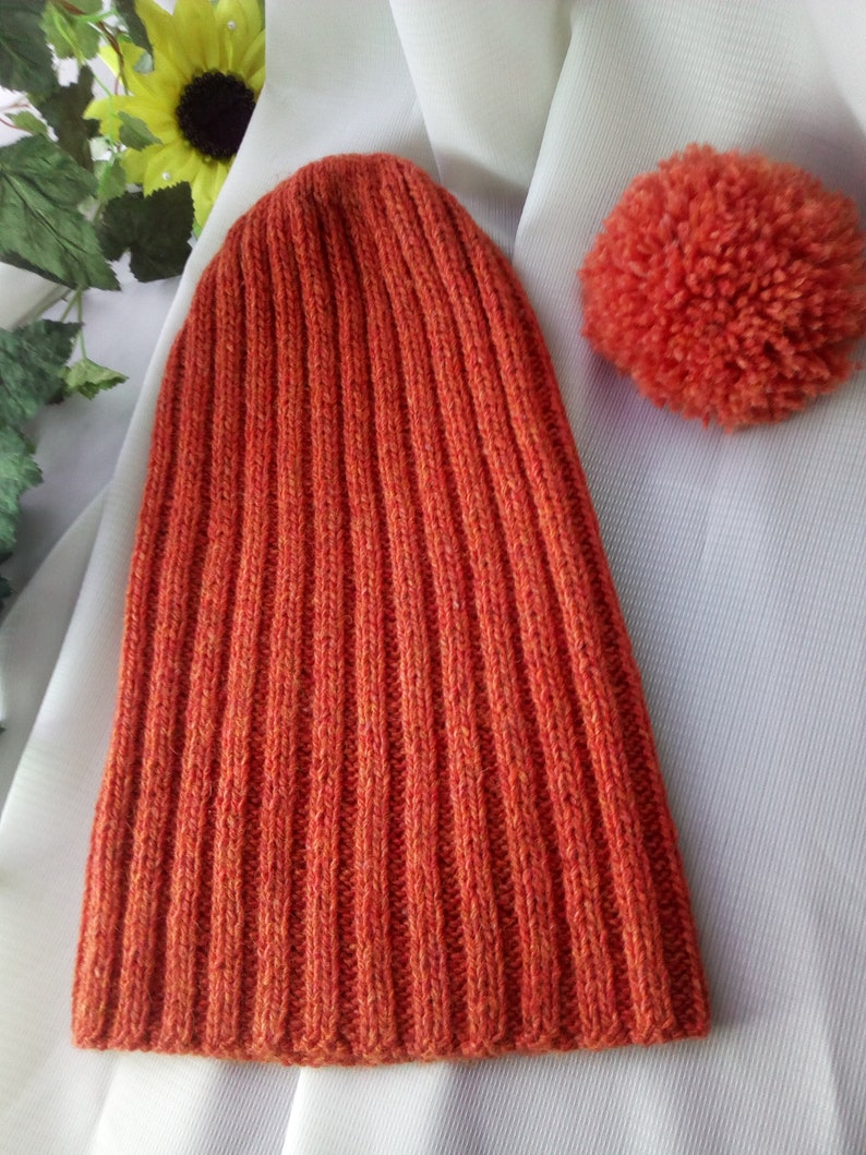 May include: An orange ribbed knit beanie with a matching pom-pom. The hat is a vibrant shade of orange and has a vertical ribbed pattern. The pom-pom is a fluffy ball of the same orange yarn. The hat and pom-pom are displayed on a white surface.