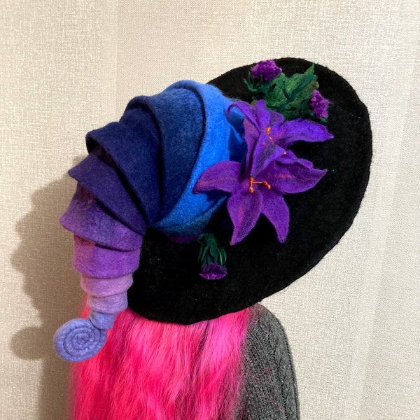 Witch hat wizard hat, wool flower hat halloween costume, spring hat, custom cosplay hat, wool flower hat, magic, forester hat, moon hat