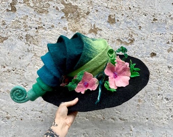 Witch hat, wizard hat, wool hat, halloween costume, flower and fern hat, custom cosplay hat, warlock hat, magic, forester hat, moon hat