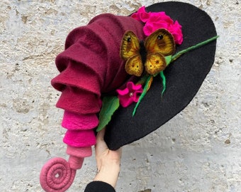 Witch Hat, Wizard Hat, Butterfly Wool Flower Hat, Halloween Costume, Spring Hat, Customized Cosplay Hat, Wool Flower Hat,Magic, Forester Hat