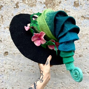 Witch hat, wizard hat, wool hat, halloween costume, flower and fern hat, custom cosplay hat, warlock hat, magic, forester hat, moon hat image 4