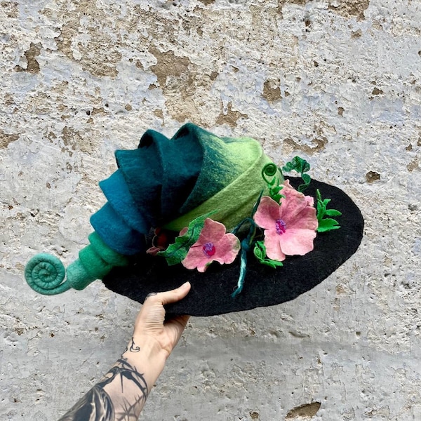 Witch hat, wizard hat, wool hat, halloween costume, flower and fern hat, custom cosplay hat, warlock hat, magic, forester hat, moon hat