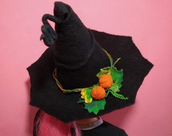 フォレスターハット、パンプキンハット、フェルトハット ブラック、ウール ハロウィン 魔女 コスチューム コスプレ カスタムメイド、マジックハット、魔女ハット、パンプキンハット