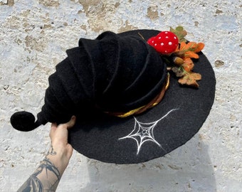 Forester Hat, Spider Web Mushroom Hat, Black Fedora Hat, Halloween Costume Witch Hat CUSTOM Cosplay, Magic Hat, Witch Hat,Acorn Mushroom Hat