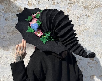 Black Witch Hat,Wizard Hat,Wool Hat with Daisy Flowers and Mushrooms Halloween Costume Spring Hat,Custom Cosplay, Hat Ivy,Forester Hat
