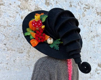 Forester Hat, Pumpkin Mushroom Hat, Black Magic Hat, Wool Halloween Costume Witch Hat Custom Made Cosplay, Magic Hat, Fairy Hat, Pumpkin Hat