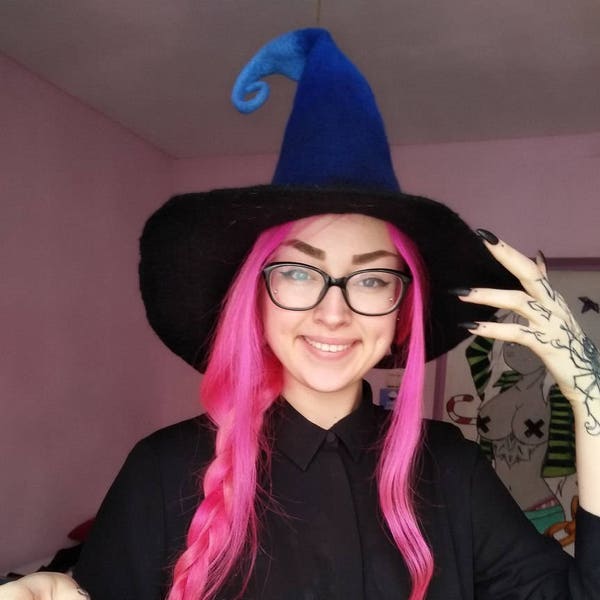 Witchery hat wizard hat,felt hat black,felted hat from wool Halloween costume witch larp hat cosplay CUSTOM MADE,wool hat Blue,cosplay