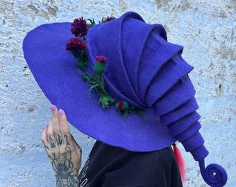 Witch hat, wizard hat, wool flower hat, halloween costume, spring hat, custom cosplay hat,magic, forester hat,thistle hat,purple thistle hat