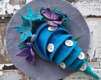Witch Hat, Button Wizard Hat, Butterfly Bird Wool Flower Hat, Halloween Costume, Spring Hat, Customized Cosplay Hat, Forester Hat