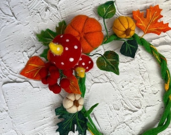 Halloween Accessory, Autumn Hat Accessory, Magic Witch Accessory, Cosplay Accessory, Mushroom Wreath with Pumpkin Berries and Leaves