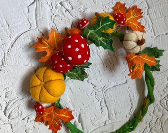 Halloween Accessory,Fall Hat Accessory, Magic Witch Accessory, Cosplay Accessory, Mushroom Wreath with Pumpkin and Leaves Fly Agaric