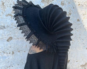 Witch hat, wizard hat. Felt Hat Black Felted Wool Hat Halloween Costume Witch Costume Role Playing Hat Cosplay Custom Made Wool Hat Lace Hat