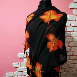 Nunovolok scarf &quot;Falling leaves&quot; Silk, felt scarf Handmade for women Felted scarf Felted shawl Felted wool scarf Nuno scarf Merino wool