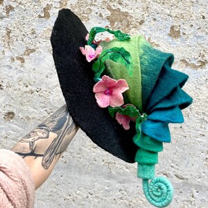Witch hat, wizard hat, wool hat, halloween costume, flower and fern hat, custom cosplay hat, warlock hat, magic, forester hat, moon hat image 6