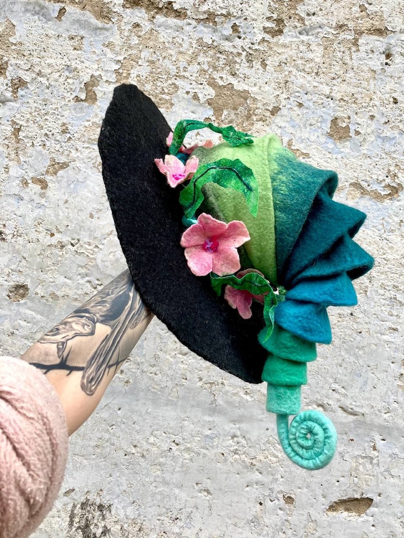 Witch hat, wizard hat, wool hat, halloween costume, flower and fern hat, custom cosplay hat, warlock hat, magic, forester hat, moon hat image 6