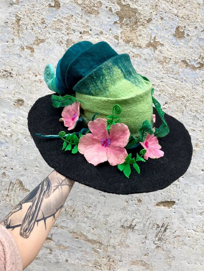 Witch hat, wizard hat, wool hat, halloween costume, flower and fern hat, custom cosplay hat, warlock hat, magic, forester hat, moon hat image 8