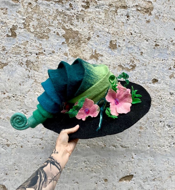 Witch hat, wizard hat, wool hat, halloween costume, flower and fern hat, custom cosplay hat, warlock hat, magic, forester hat, moon hat