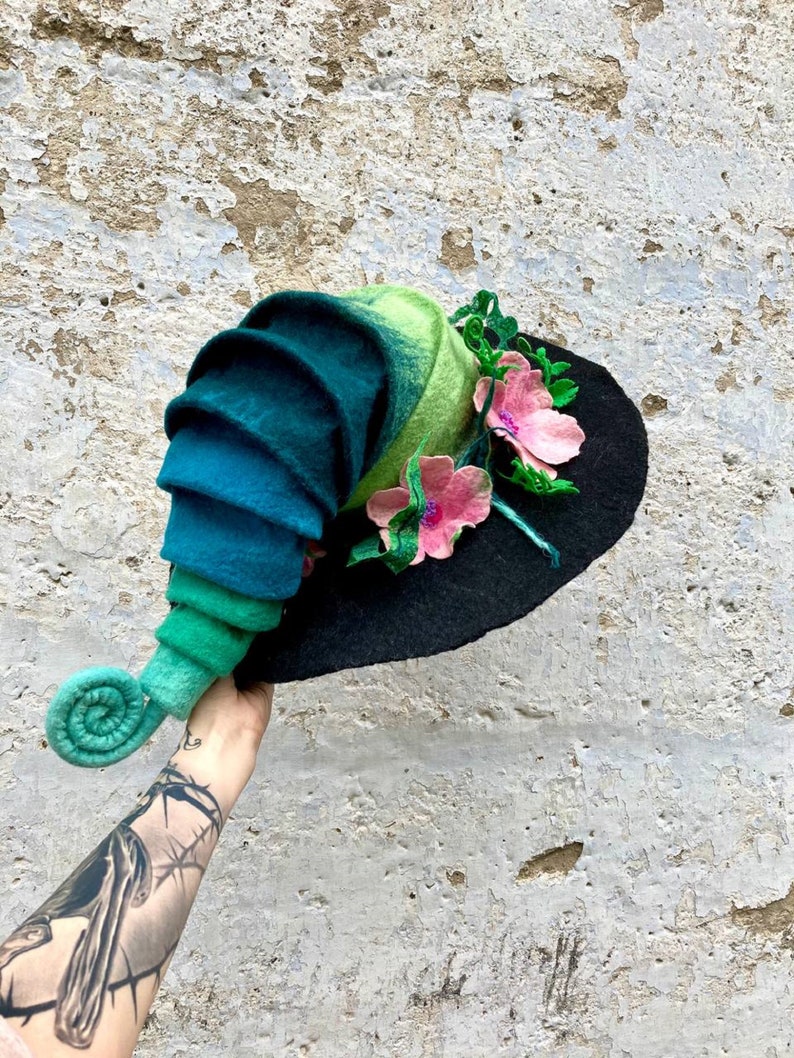 Witch hat, wizard hat, wool hat, halloween costume, flower and fern hat, custom cosplay hat, warlock hat, magic, forester hat, moon hat image 5