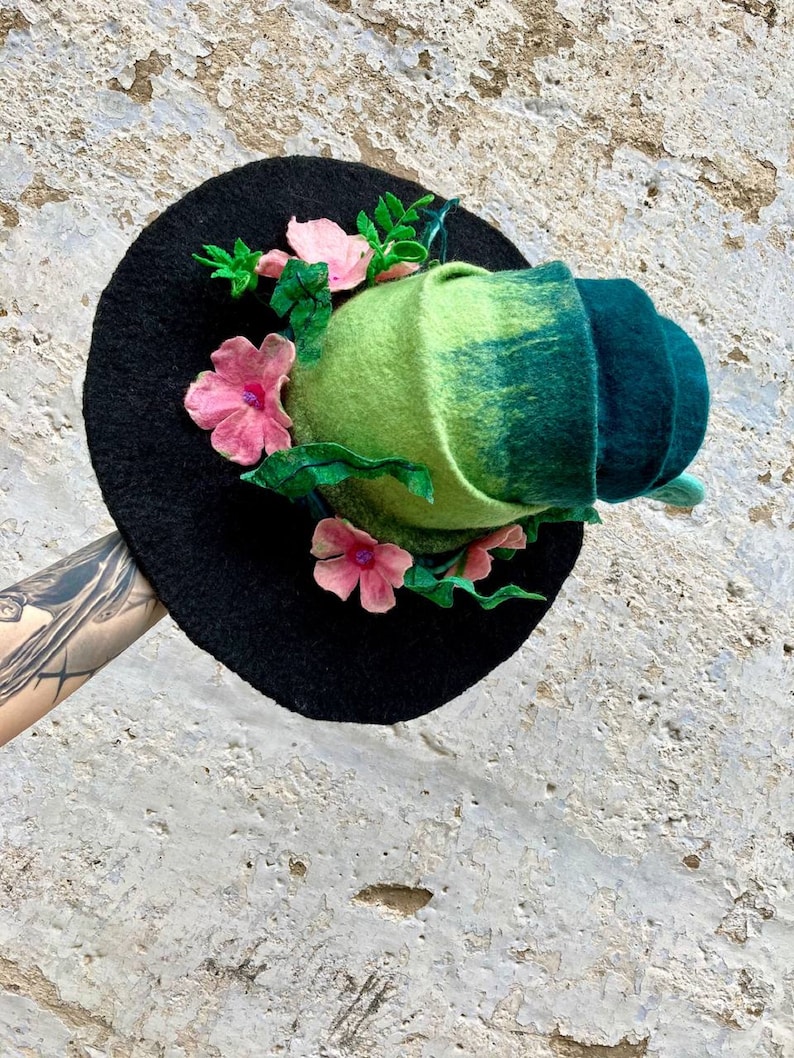Witch hat, wizard hat, wool hat, halloween costume, flower and fern hat, custom cosplay hat, warlock hat, magic, forester hat, moon hat image 9