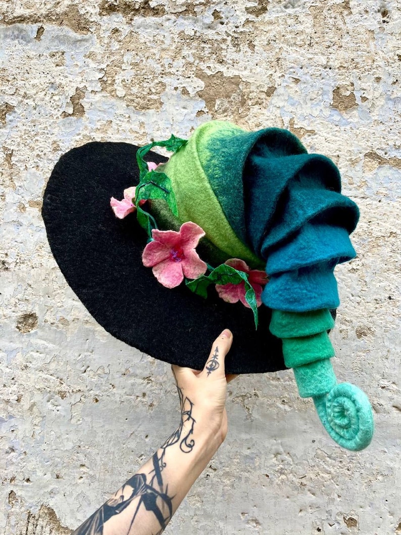 Witch hat, wizard hat, wool hat, halloween costume, flower and fern hat, custom cosplay hat, warlock hat, magic, forester hat, moon hat image 4