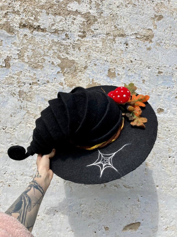 Forester Hat, Spider Web Mushroom Hat, Black Fedora Hat, Halloween Costume Witch Hat CUSTOM Cosplay, Magic Hat, Witch Hat,Acorn Mushroom Hat