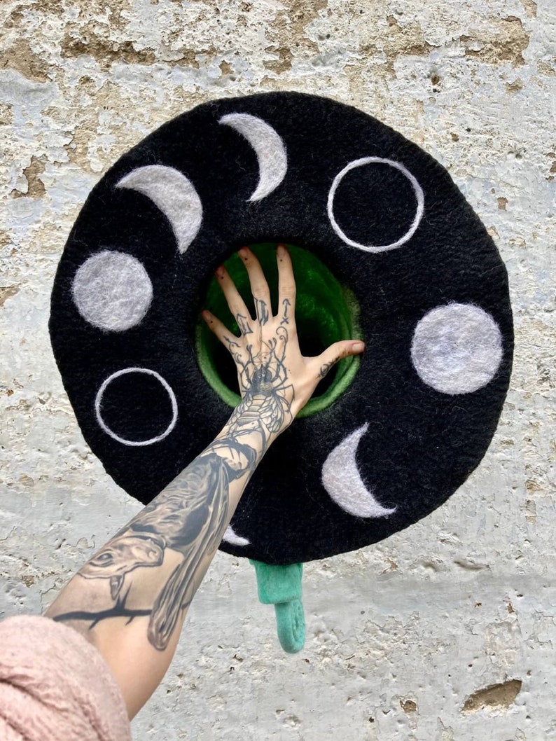 Witch hat, wizard hat, wool hat, halloween costume, flower and fern hat, custom cosplay hat, warlock hat, magic, forester hat, moon hat image 2