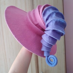 May include: A pink and purple felt witch hat with a curled brim and a long, curled purple felt brim.