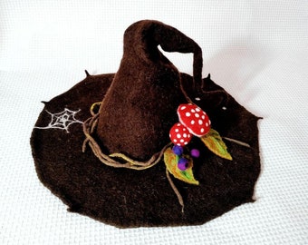 Forester's Hat,Hat with mushrooms,felt hat brown,wool Halloween costume witch larp hat cosplay CUSTOM MADE,wool hat brown,Witchery hat