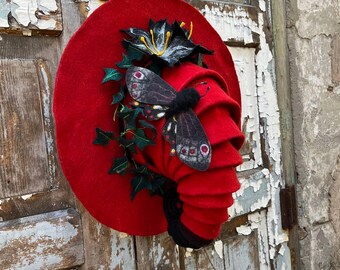 Witch hat,wizard hat,wool hat with lily flower and moth,halloween costume,spring hat,custom cosplay hat,magic forester hat,Red hat with ivy