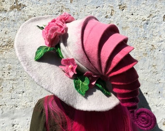 Witch hat wizard hat, wool flower hat halloween costume, spring hat, custom cosplay hat, wool flower hat, magic, forester hat, wedding
