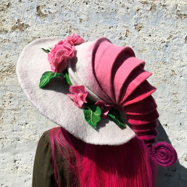 Witch hat wizard hat, wool flower hat halloween costume, spring hat, custom cosplay hat, wool flower hat, magic, forester hat, wedding