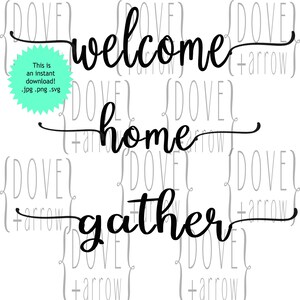 May include: Black and white calligraphy text that reads "Welcome home gather".