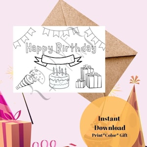 Happy Birthday  Card - Printable Coloring Birthday Card PDF Download Birthday Cake