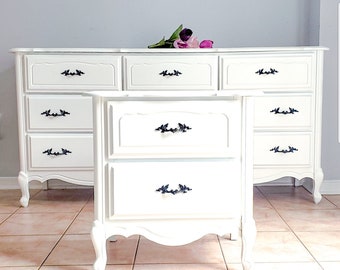 French Provincial Night Stand in White with Black Handles French Decor French Country - Available to Customize