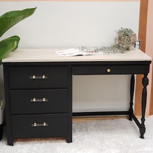 Solid Wood Desk / Vanity with White Washed Top and a Black Base MCM Style Modern Desk- SOLD OUT