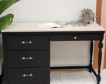 Solid Wood Desk / Vanity with White Washed Top and a Black Base MCM Style Modern Desk- SOLD OUT