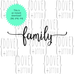 Puede incluir: Caligrafía en blanco y negro de la palabra "familia" con un adorno decorativo. La palabra está centrada en un fondo blanco con un patrón repetitivo de las palabras "paloma" y "flecha" en gris.