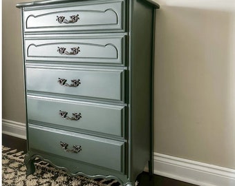French Provincial Tall Boy Dresser - 5 Drawers - Available to Customize - Green French Provincial Dresser