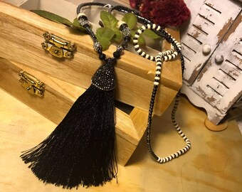 Jewelry Tassels, Silk tassel jewelry made of natural stone statement jewelr boho jewelry long necklace witchy jewelry