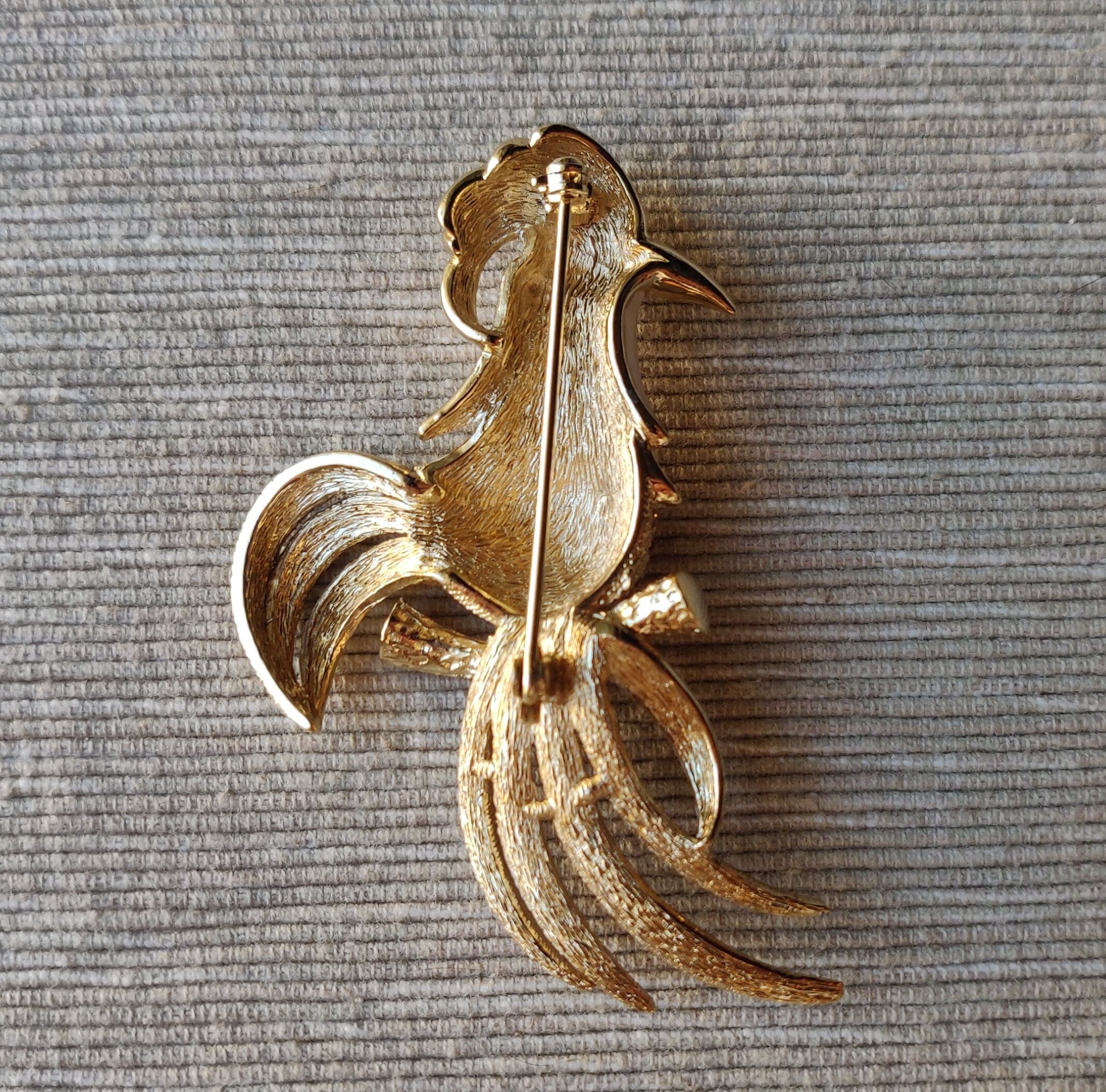 Broche Vintage Oiseau De Paradis – Couleur Or, Cristal Boréalis, émail Vert, *4770