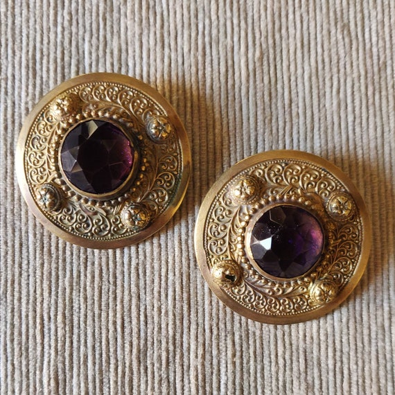 Vintage Bronze Earrings with Purple Stone Gem