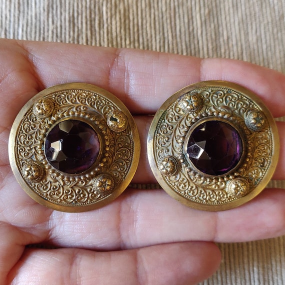 Vintage Bronze Earrings with Purple Stone Gem