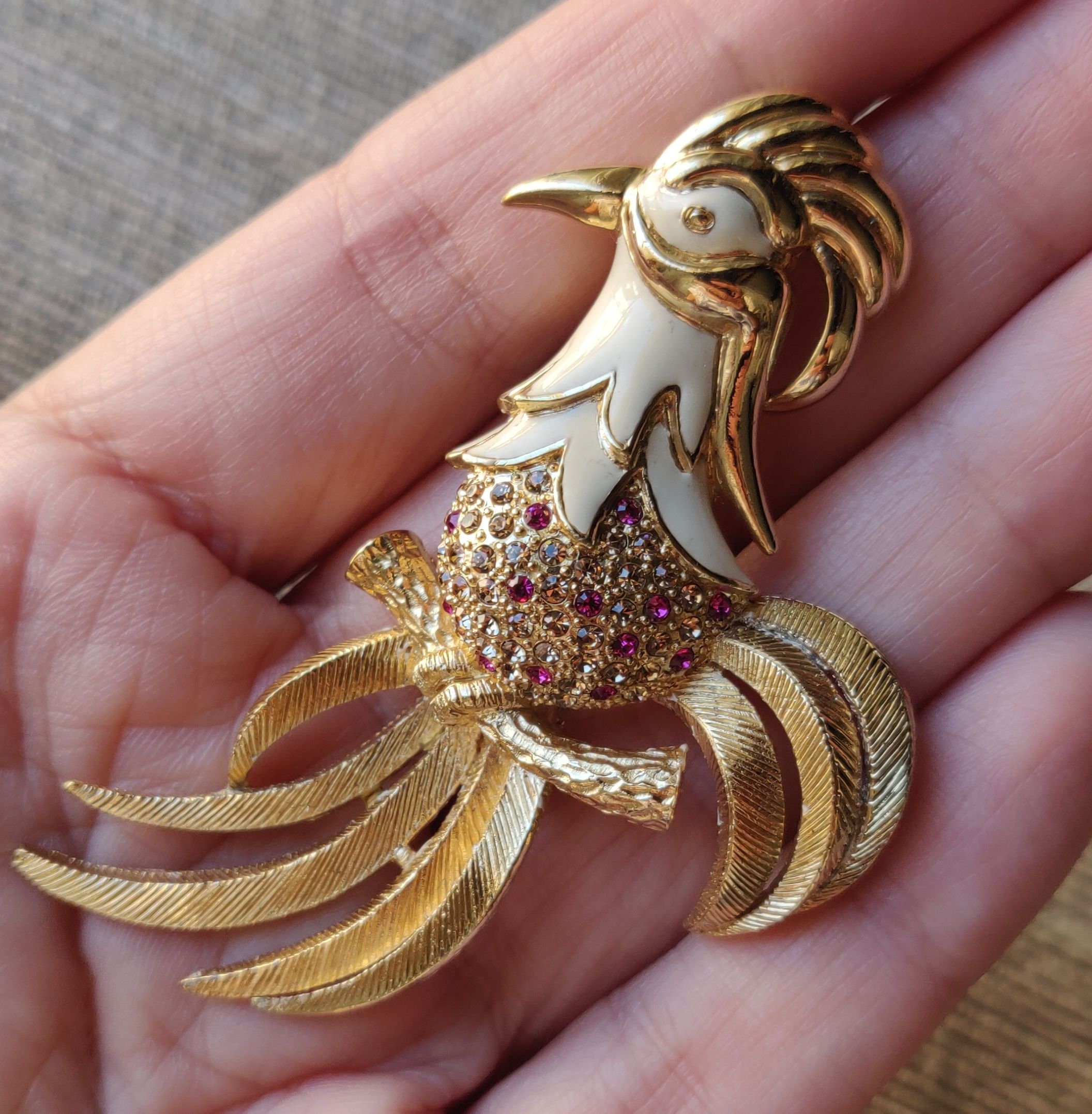 Broche Vintage Oiseau De Paradis - émail Et Strass Sur Monture Dorée, 80x40mm