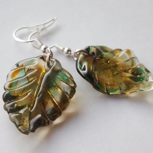 Murano Glass Transparent Green Brown Color Tree Leaf shape Earrings Unique Jewelry