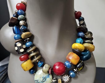 Mixed Gemstone Necklace|Statement Necklace: Chunky Boho Artisan Jewelry with Agate, Resin| Recycled Beads
